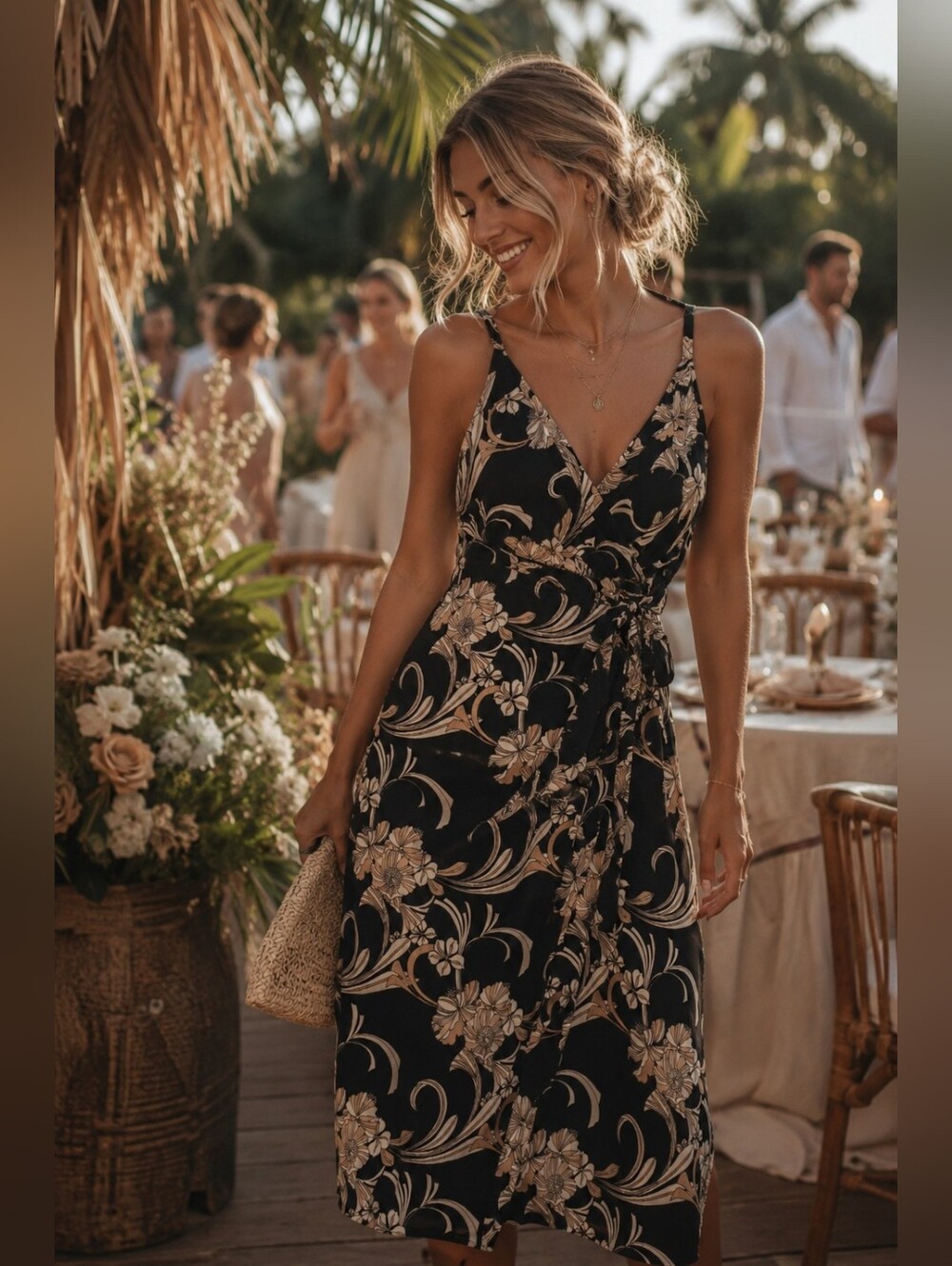 Soft Surroundings Black Floral Faux Wrap Midi Dress Medium